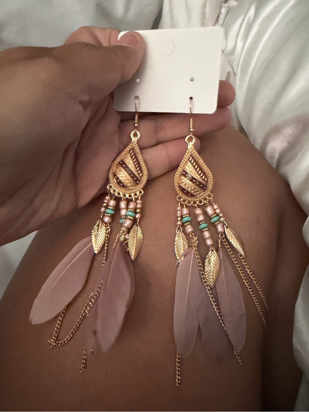 Gold and Blush Feather Drop Earrings - Boho Chic Dangle